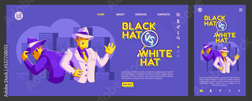 Black vs white hat seo landing page template set. Contemporary vector illustration of good, bad business characters on purple background. Search optimization solutions. Website and mobile app design