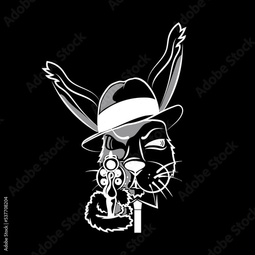 A bad rabbit, hand-drawn in doodle style. Bandit Hare. Hare's head in a hat. Mafia. Gun. Muzzle of the gun. Target. Symbol of the year. Vector illustration on black background.
