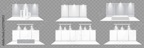 Exhibition stand. White empty advertising stand with desk. Vector white blank geometric square. Presentation room display. White creative exhibition stand design. Stand template.