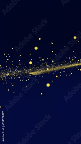 Gold tiny dots glitter on dark blue gradient background that approach and recede at the center. Vertical abstract stars backdrop party or Christmas holidays and New Year concept with copy space