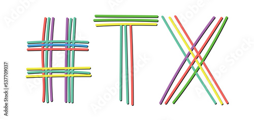 TX Hashtag. Isolate doodle lettering text from multi-colored curved neon lines like from a felt-tip pen, pensil. #TX is abbreviation for the US America state Texas for banner, social network, t-shirts