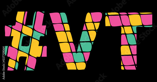 VT Hashtag. Tricolor isolated letters from contrast flowing fluid shapes. 3 colored Hashtag #VT is abbreviation for the US American state Vermont for social network, web resources, mobile app