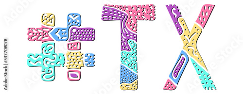 TX Hashtag. Multicolored bright isolate curves doodle letters. Hashtag #TX is abbreviation for the US American state Texas for social network, web resources, mobile apps.