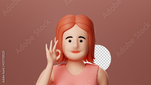 Portrait smiling cute girl, pink t-shirt. okey or accept gesture, Minimal stylized art. 3d render on brown background