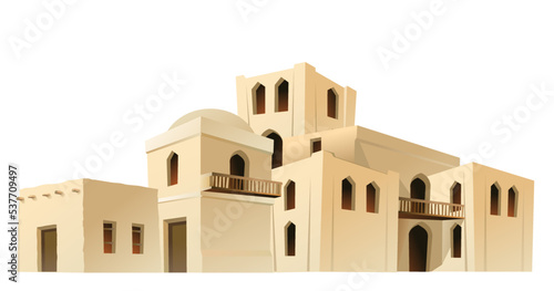 Arab clay huts. Small southern town. Middle Eastern adobe dwelling. Africa and Asia traditional house. Isolated on white background Vector.