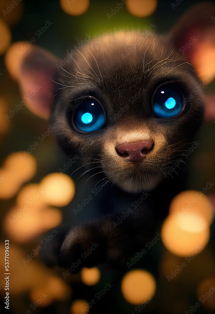 Baby panther with extra big eyes in cartoon style. Focal point and bokeh effect