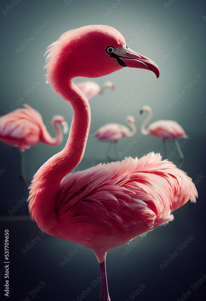 Fototapeta premium Cute cartoon pink flamingo birds in the lake