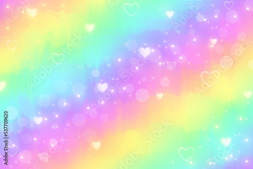 Watercolour rainbow background with stars, hearts and sparkles. Gradient holographic abstract backdrop. Vibrant aquarelle wallpaper. Vector illustration. © Chorna_L
