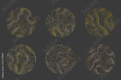 Wood texture with topography lines. Organic ripple wavy patterns. Tree rings set. Vector doodle illustration with metal gradient.