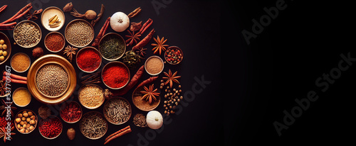 Illustration of colorful spices with copy space for text