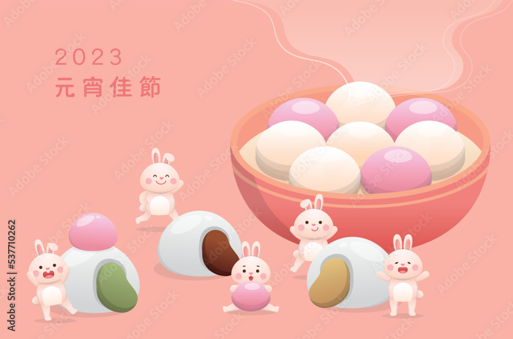 Cute rabbit character or mascot, lantern festival or winter solstice with glutinous rice balls, asian glutinous rice sweets, flavors and fillings, Chinese translation: lantern festival
