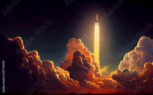 space shuttle liftoff into sky, dramatic lighting reflecting on the cloud