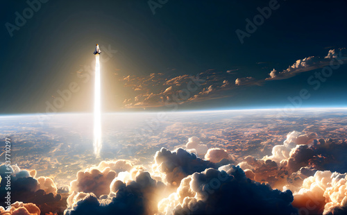 Space shuttle liftoff into sky, earth horizon background photo