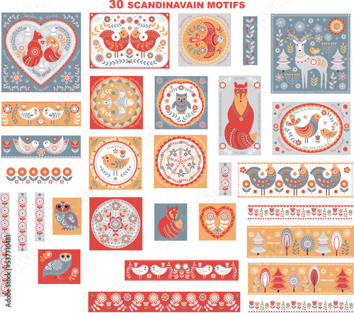 A set of Scandinavian motifs. Ornaments, borders, compositions with animals and plants. Decoration for postcards, tags, invitations, for printing on textiles.