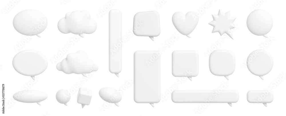 Large 3D render set of speech bubbles isolated on background. White chat message icons of cloud, heart, star, cube, baloon shape, square, round, rectangular. Bundle of messenger app design elements