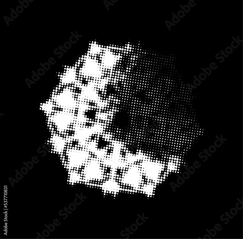 Pinpoint perforated background from a transparent polka dot halftone six-axis stencil mandala with a highlighted sector. Puncture outline. A pellucid contour of dots, strokes, spots.