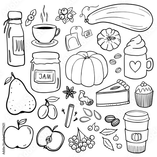 Obraz na płótnie Fall Autumn Yummy Doodle linear outline monochrome vector seasonal illustration set for web digital projects and bullet journal isolated on white background w salonie