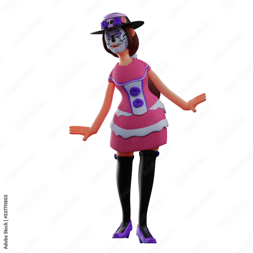 3D illustration. 3D Sugar character skull has a cute pose. by using a mask. showing a cute smile. 3D Cartoon Character 3D illustration. 3D Sugar character skull has a cute pose. by using a mask. showing a cute smile. 3D Cartoon Character