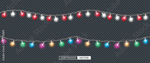 Christmas continuous lights vector set design. Seamless and endless sparkling xmas light collection in transparent background. Vector Illustration.