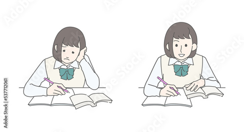 分からなくて悩むから分かって笑顔になる女子高生のビフォーアフターセットイラスト