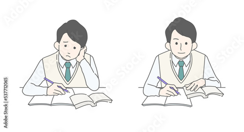 分からなくて悩むから分かって笑顔になる男子高校生のビフォーアフターセットイラスト