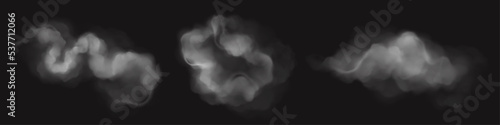 White steam, fog or smoke clouds. Flows and splash of dust, mist or powder. Flowing vapour streams isolated on black background, vector realistic illustration