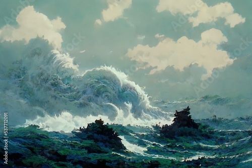 Tela Sea waves. Great wave. concept art. fantasy scenery. illustration