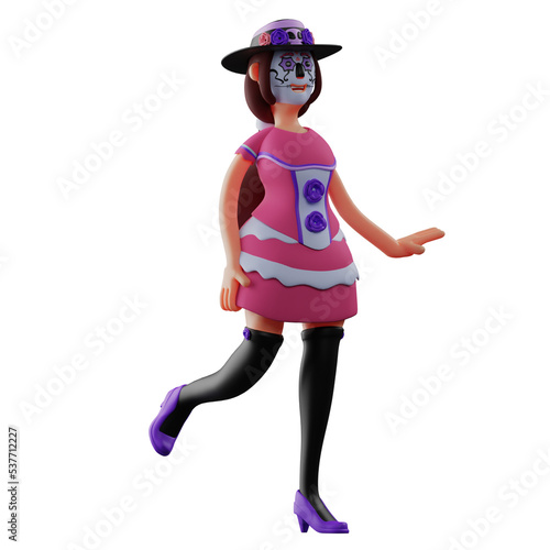 3D Illustrations. Sugar Skull 3D Cartoon Illustration with elegant walking pose. in a strange pose. by wearing a beautiful hat. 3D Cartoon Character