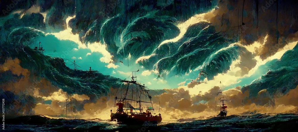 old sailing ship lost in the ocean in a stormy night. Adventure and journey. concept art. fantasy scenery
