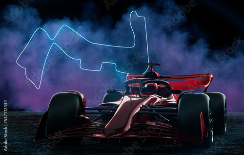 Sports racing car in the dark with illuminated thin line on top, indicating a street circuit map for racing car. smoke with color background. 3d rendering