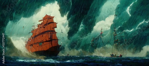 old sailing ship lost in the ocean in a stormy night. Adventure and journey. concept art. fantasy scenery