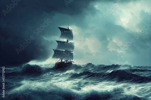 old sailing ship lost in the ocean in a stormy night. Adventure and journey. concept art. fantasy scenery photo