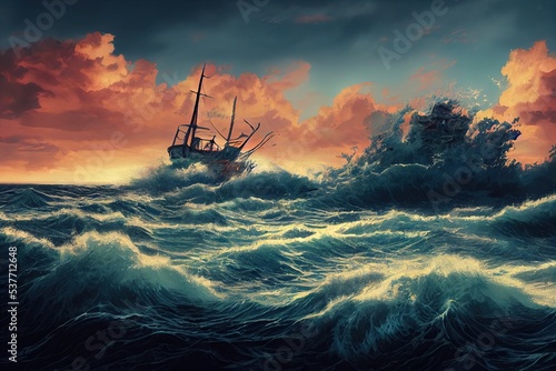 old sailing ship lost in the ocean in a stormy night. Adventure and journey. concept art. fantasy scenery