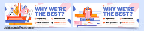 Why we are best banner. Advertising poster of business company with information for customers. Book store, club or library advertisement with people read books, vector flat illustration