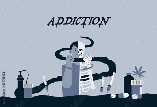 A man is surrounded by drugs. Black smoke wrapped around the man's neck. Half of a man is made of a skeleton. flat vector illustration.