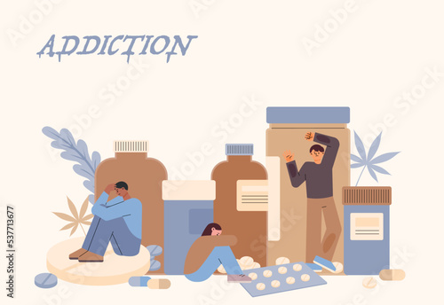 There's a big box of drugs and people are squatting on the floor. A man is stuck in a medicine cabinet. flat vector illustration.