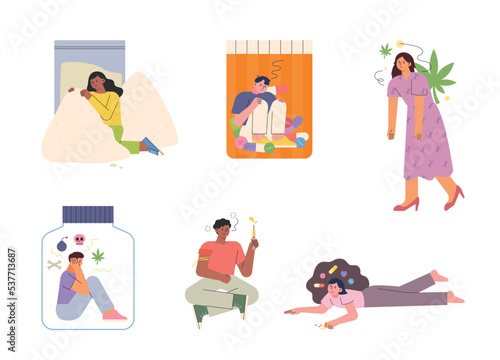 A collection of people who are addicted to various drugs. flat vector illustration.