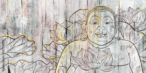 Buddha and lotus flowers on a background with imitation of old boards, beautiful aged surface, background