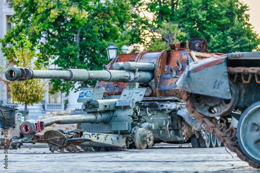 Destroyed Russian military equipment on display in the center of Kyiv on Mikhailovskaya Square. War in Ukraine, tanks, armored personnel carriers