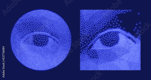Eye. Close-up portrait of a man. Digital vision. Security technology and surveillance. Innovative medicine and technology. Stipple effect. 3D vector illustration.