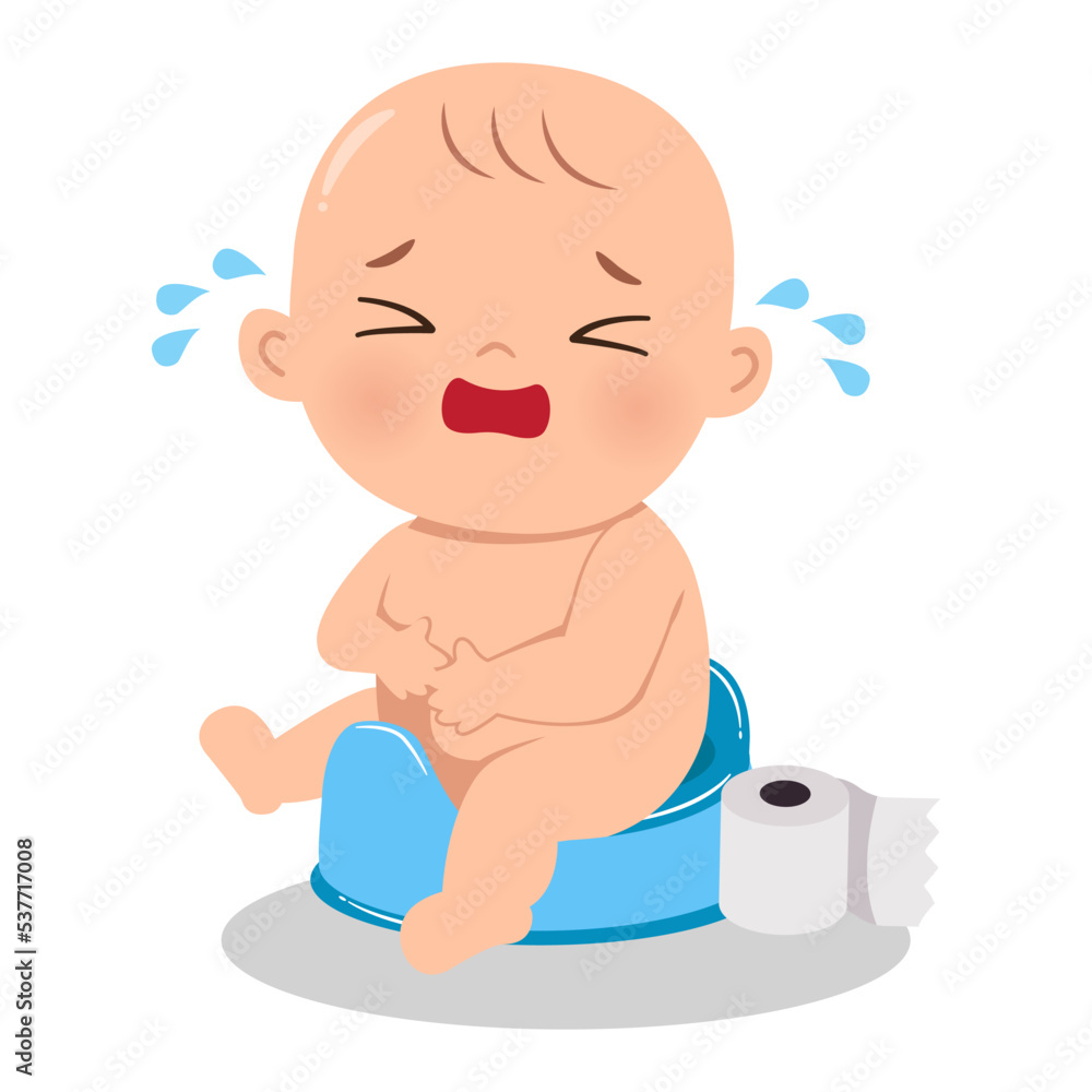 Crying baby because of constipation or diarrhea. Flat vector cartoon design Crying baby because of constipation or diarrhea. Flat vector cartoon design