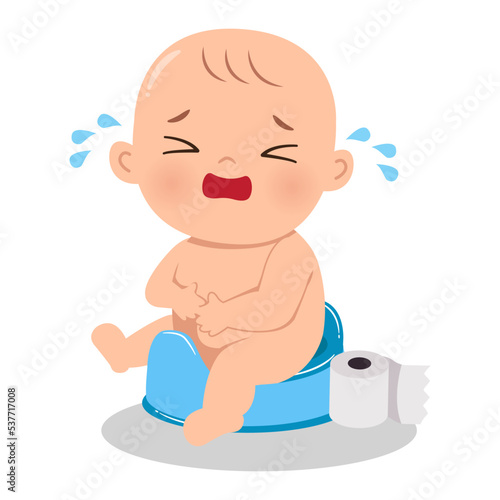 Crying baby because of constipation or diarrhea. Flat vector cartoon design