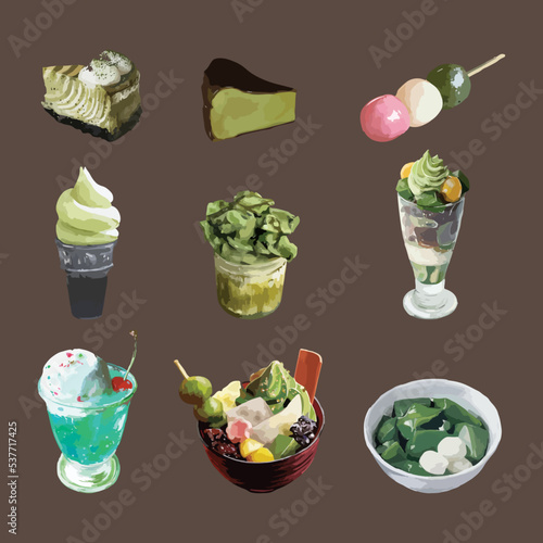 Chocolate dessert set with watercolor vector illustration