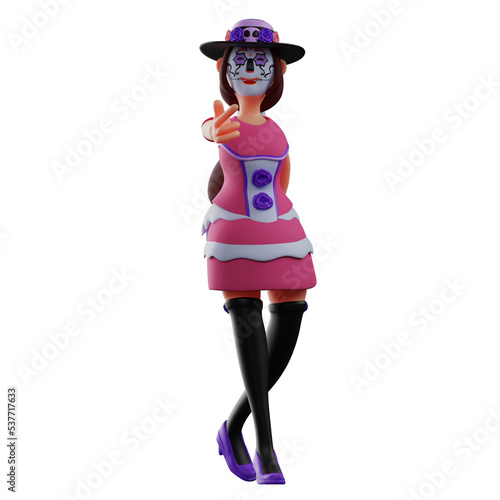   3D illustration. 3D Cartoon Sweet Sugar Skull design showing love sign. with a beautiful pose legs crossed back. with a happy laugh. 3D Cartoon Character