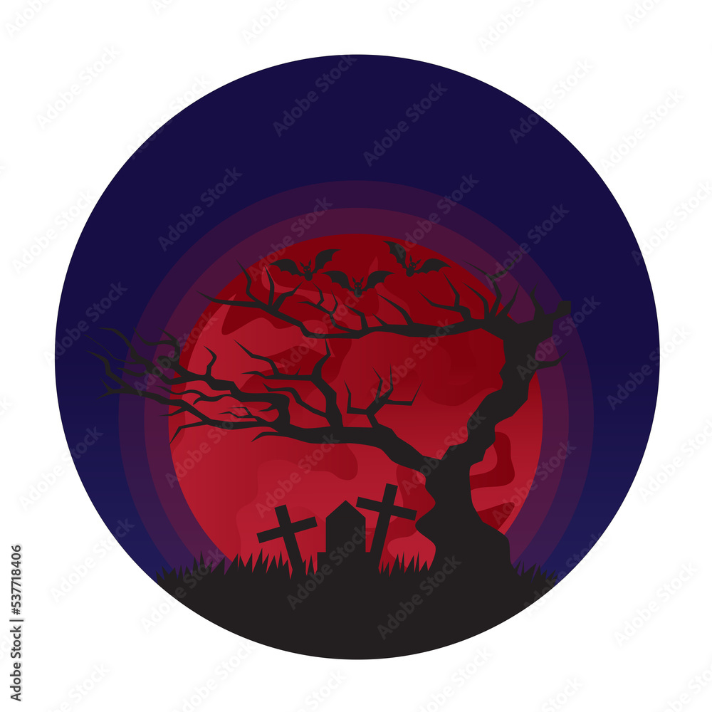 graphic design of graveyard at night with red moon. can be used during Halloween events.