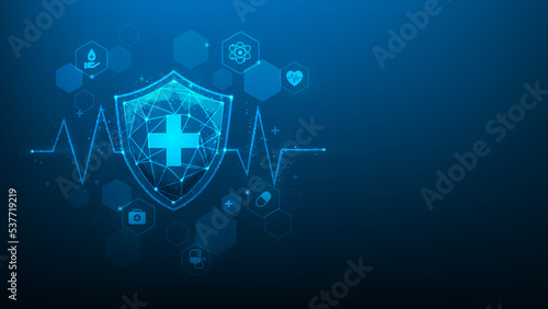 Health medical insurance digital technology protection. blue on dark background. healing shield and hexagon with hospital icon. healthcare and medical. vector illustration digital fantastic design.
