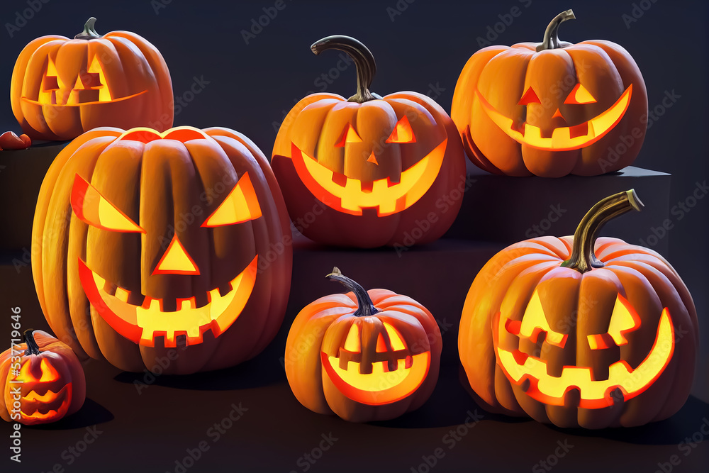 Jack o lantern pumpkins on dark background, Halloween composition Jack o lantern pumpkins on dark background, Halloween composition