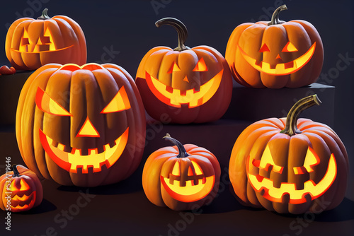 Jack o lantern pumpkins on dark background, Halloween composition