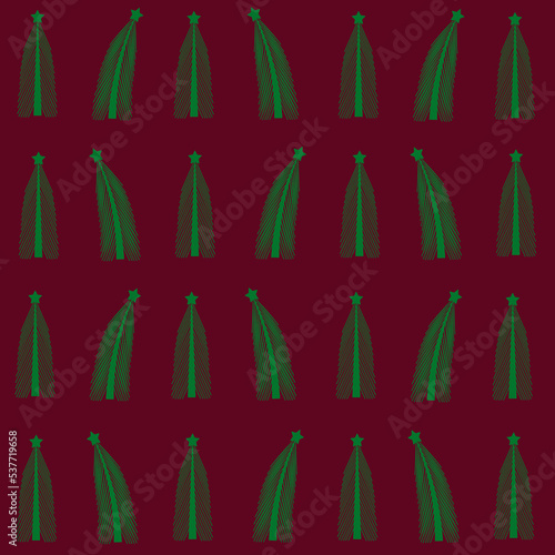 Christmas wrapping paper with xmas tree with star on red background. Print for wallpaper with green spruce.