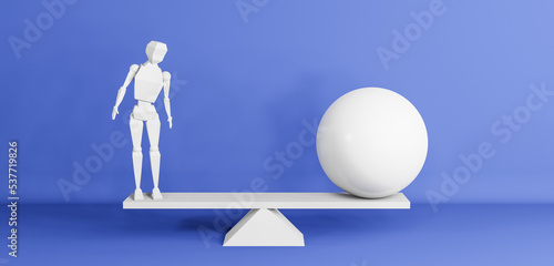 Finding balance, equality or stability concept with libra, scale, balls or globes in realistic blue studio interior, 3D illustration